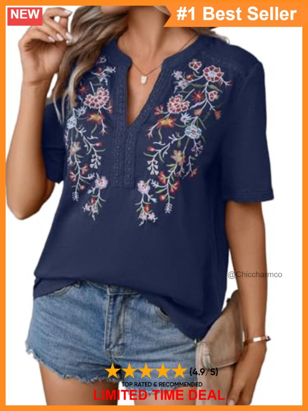 Embroidered Floral Tunic Top V-Neck Short Sleeve Summer Blouse